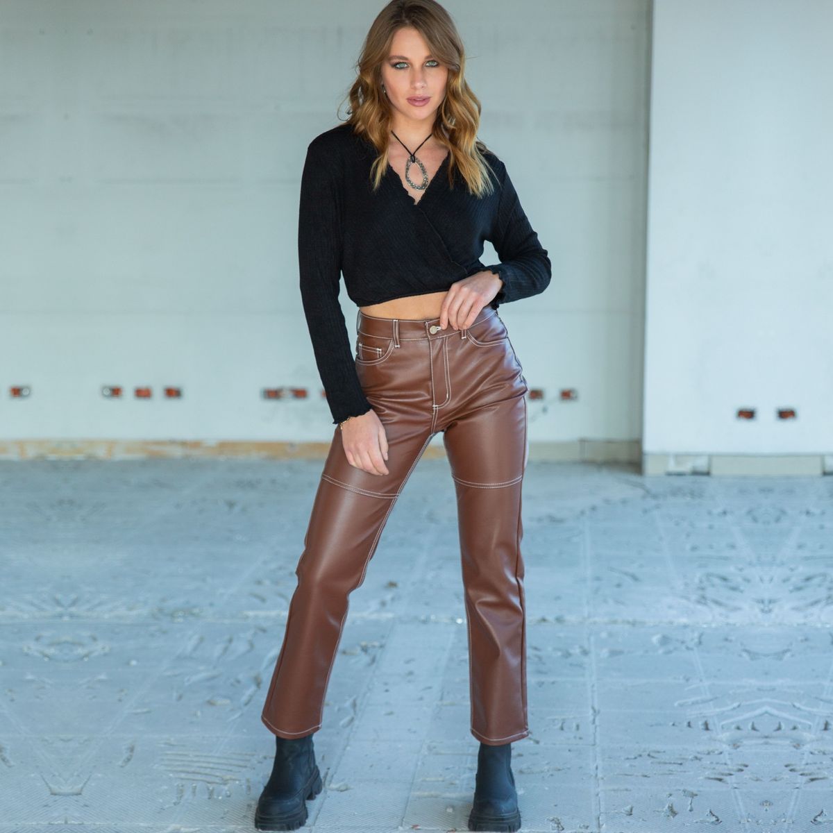 DINAMICA - Dinamica Pantalon Recto Tiro Alto Ecocuero Mujer