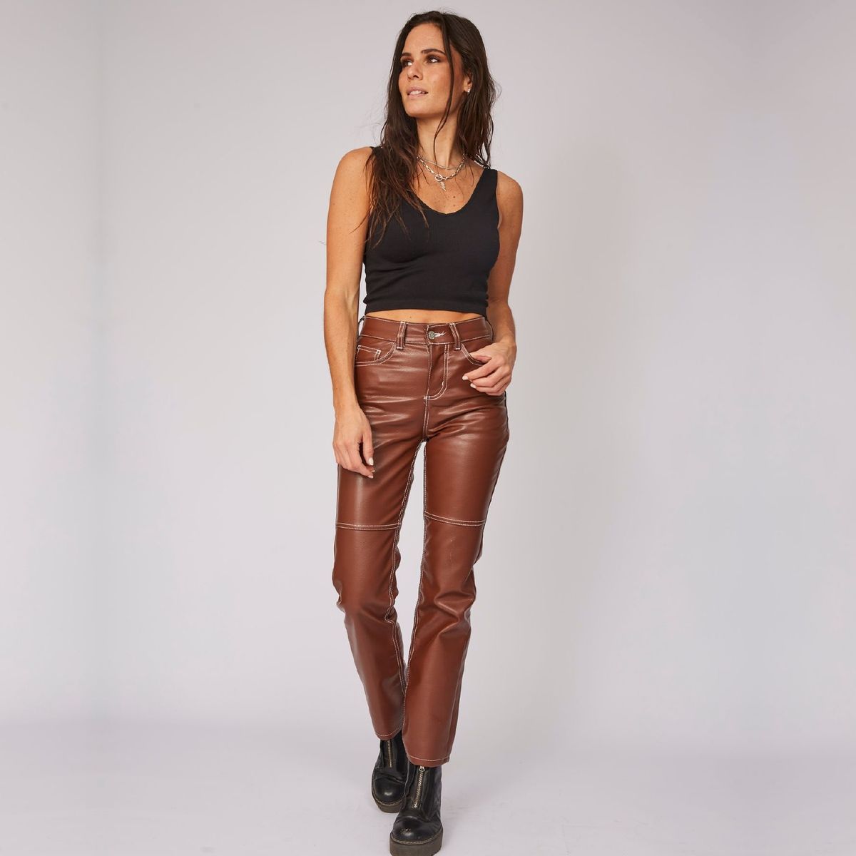 DINAMICA - Dinamica Pantalon Recto Tiro Alto Ecocuero Mujer