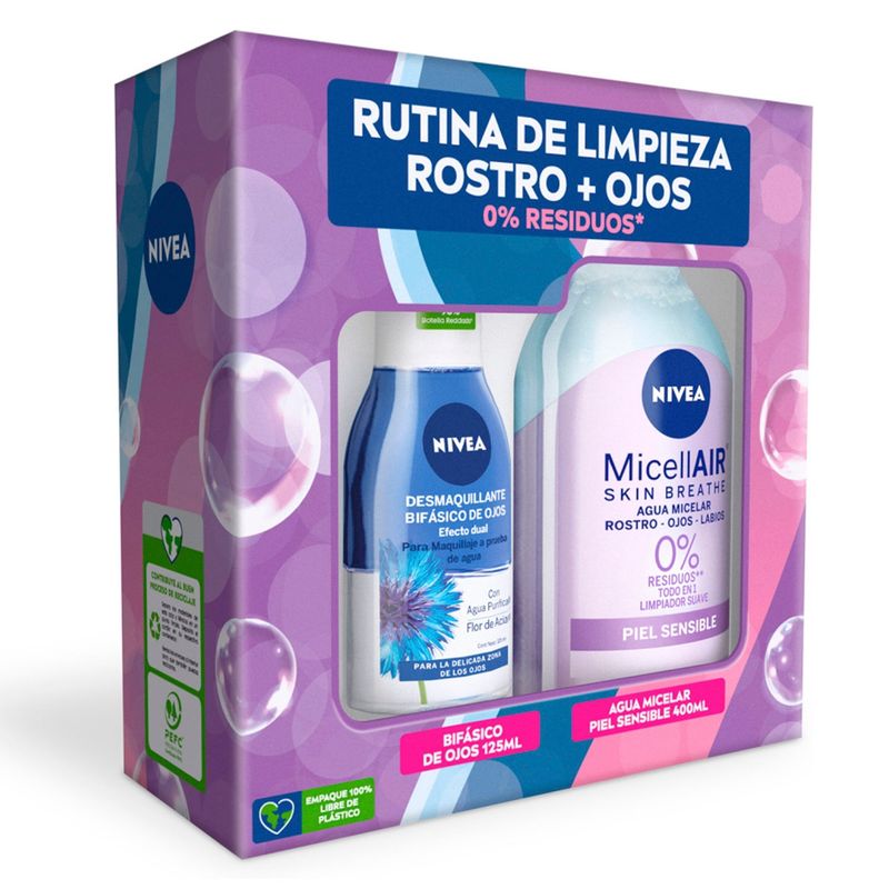 NIVEA - Pack NIVEA Loción MicellAIR Piel Sensible 400ml + Desmaquillante Bifásico de Ojos 125ml
