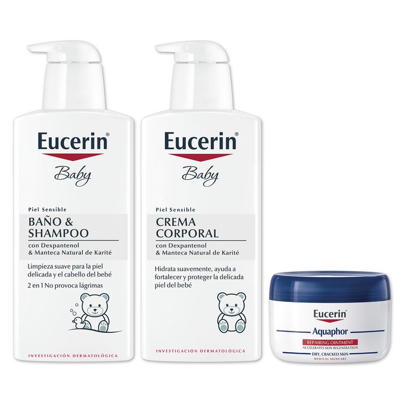 EUCERIN - Estuche Mis Primeros Cuidado Baby Bano Y Shampoo 400Ml + Baby Crema Corporal 400Ml + Aquaphor 110Ml + Mudador Eucerin