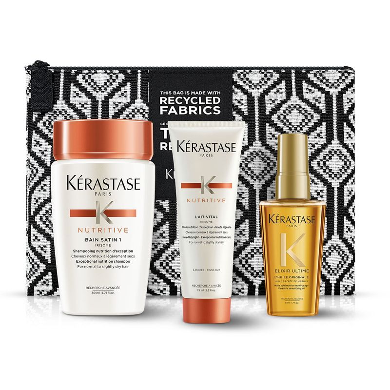 KERASTASE - Set Cabello Normal a Seco Shampoo Bain Satin 1 Nutritive 80ml + Acondicionador Lait Vital Nutritive 75ml + Aceite LHuile Originale 50ml Kerastase
