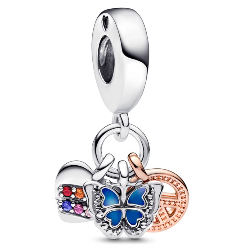 PANDORA - Charm Colgante Triple Corazón Arcoíris En Dos Tonos, Mariposa Y Paz Mujer Pandora