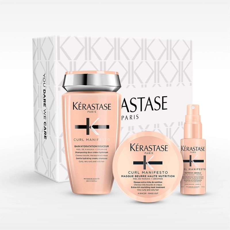 KERASTASE - Set Cabello Rizado Curl Manifesto Shampoo Bain Hydratation Douceur 250 Ml + Spray Refresh Absolu 45 Ml + Masque Beurre Haute 75 Ml Kerastase