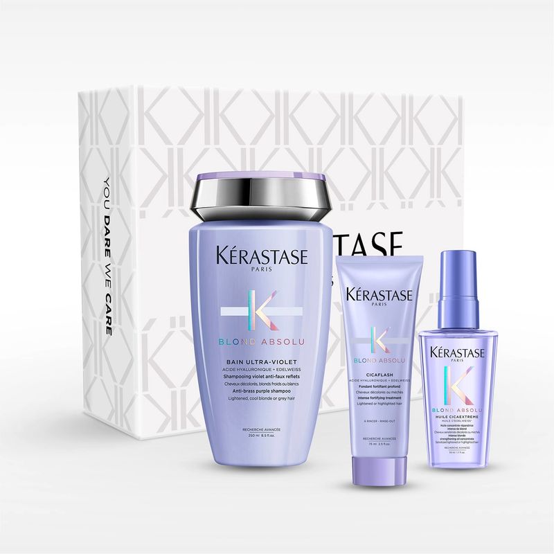 KERASTASE - Set Matizante Cabello Rubio o Decolorado Blond Absolu Shampoo Bain Ultra-Violet 250 ml + Acondicionador Cicaflash 75ml + Aceite Huile Cicaextreme 50ml Kerastase