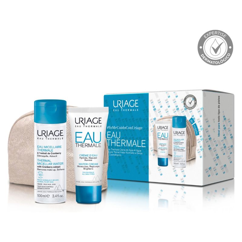 URIAGE - Pack Eau Thermale Crema de Agua + Agua Micelar Termal Pieles Normales a Secas + Cosmetiquero Uriage