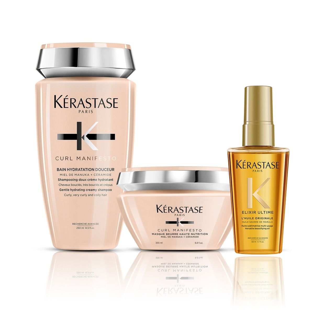 KERASTASE - Set Curl Manifesto Hidratación Cabello Rizado Shampoo 300ml + Máscara 200ml + Aceite Huile Originale 50ml Kérastase