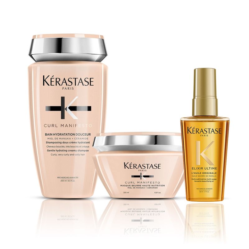 KERASTASE - Set Curl Manifesto Hidratación Cabello Rizado Shampoo 300ml + Máscara 200ml + Aceite Huile Originale 50ml Kérastase