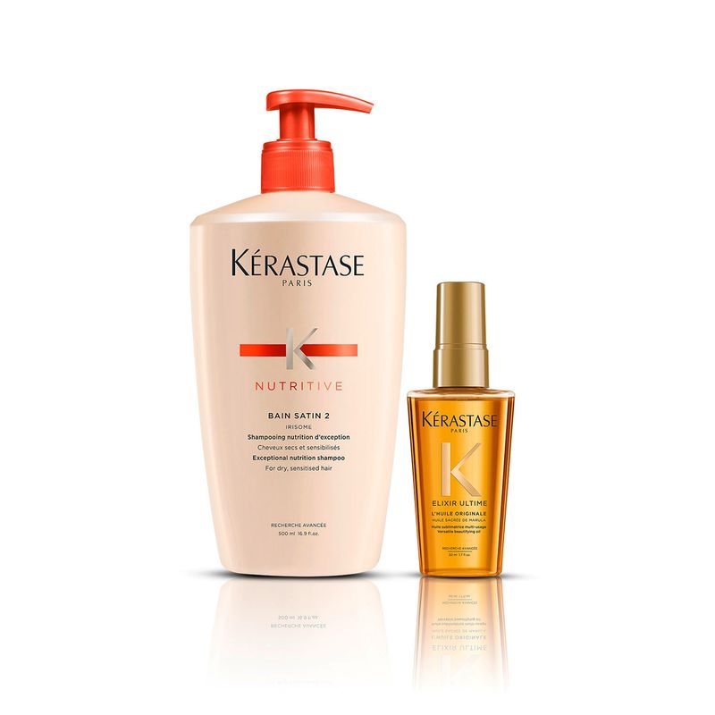 KERASTASE - Set Cabello Seco Nutritive Shampoo Bain Satín 2 500 ml + Aceite Lhuile Originale Elixir Ultime 50 ml Kérastase