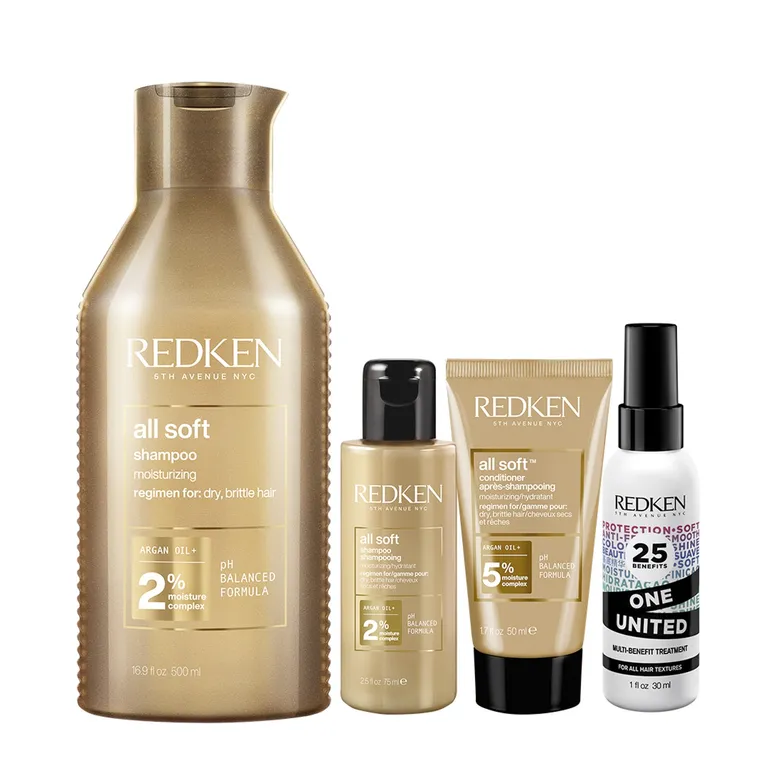Set Hidratante Cabello Seco All Soft Shampoo 500ml + 75ml + Acondicionador 50ml + Spray One United 30ml