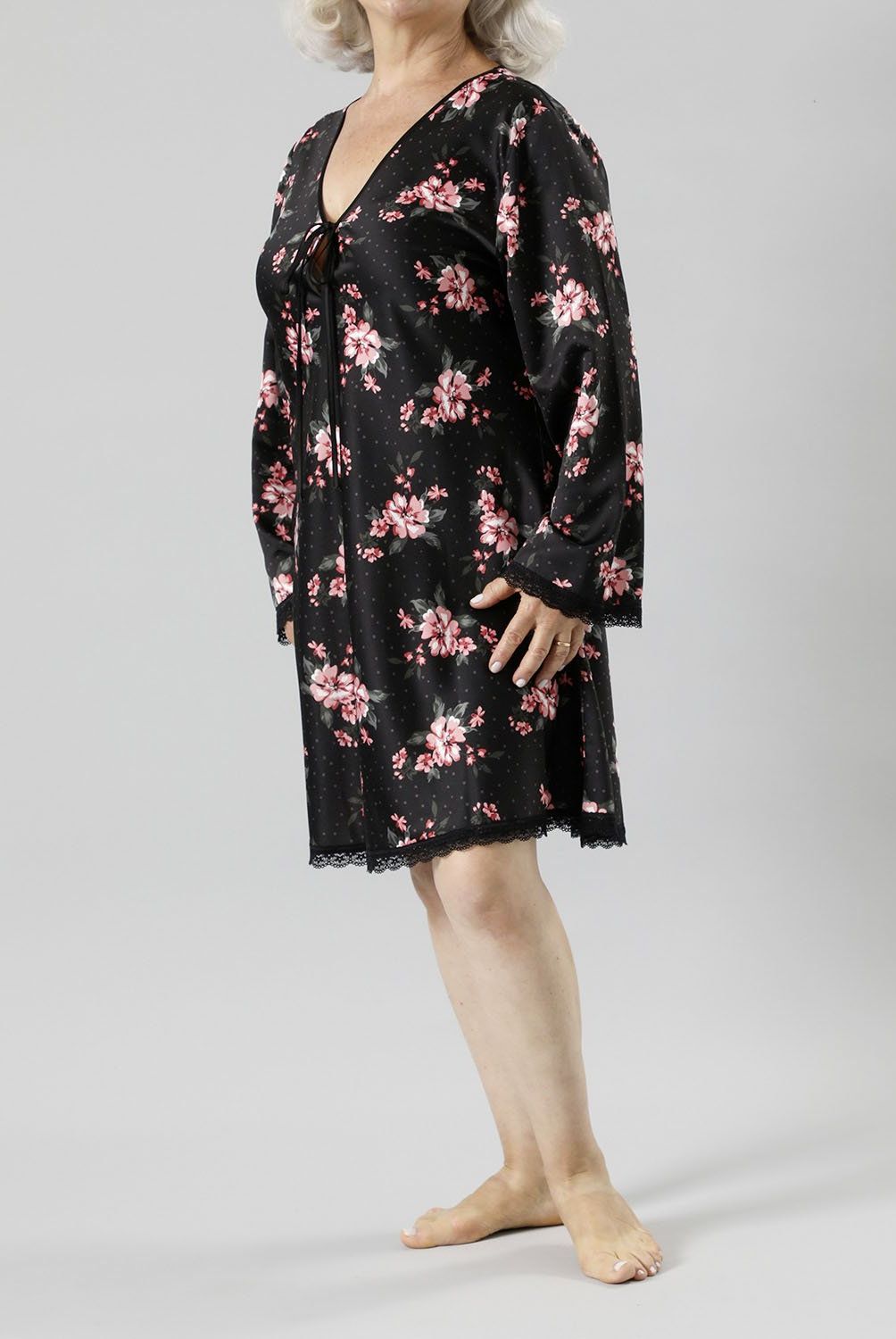 FLORES - Pijama Camisola Amarra Satín Print Manga Larga Mujer Flores