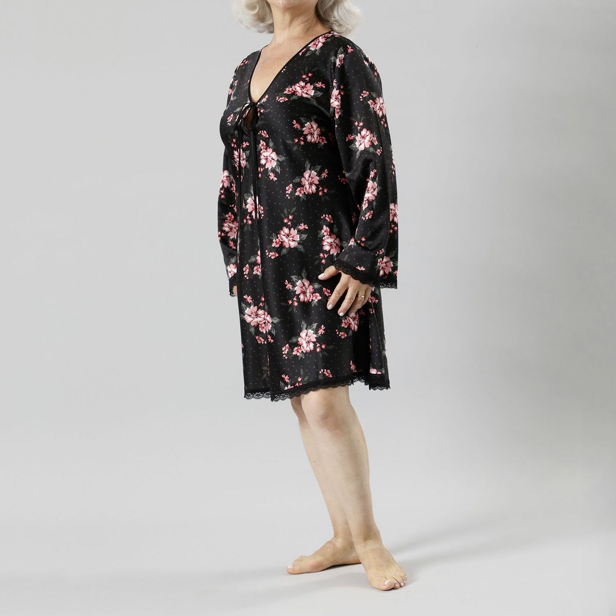 FLORES - Pijama Camisola Amarra Satín Print Manga Larga Mujer Flores