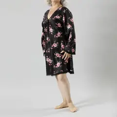 FLORES - Pijama Camisola Amarra Satín Print Manga Larga Mujer