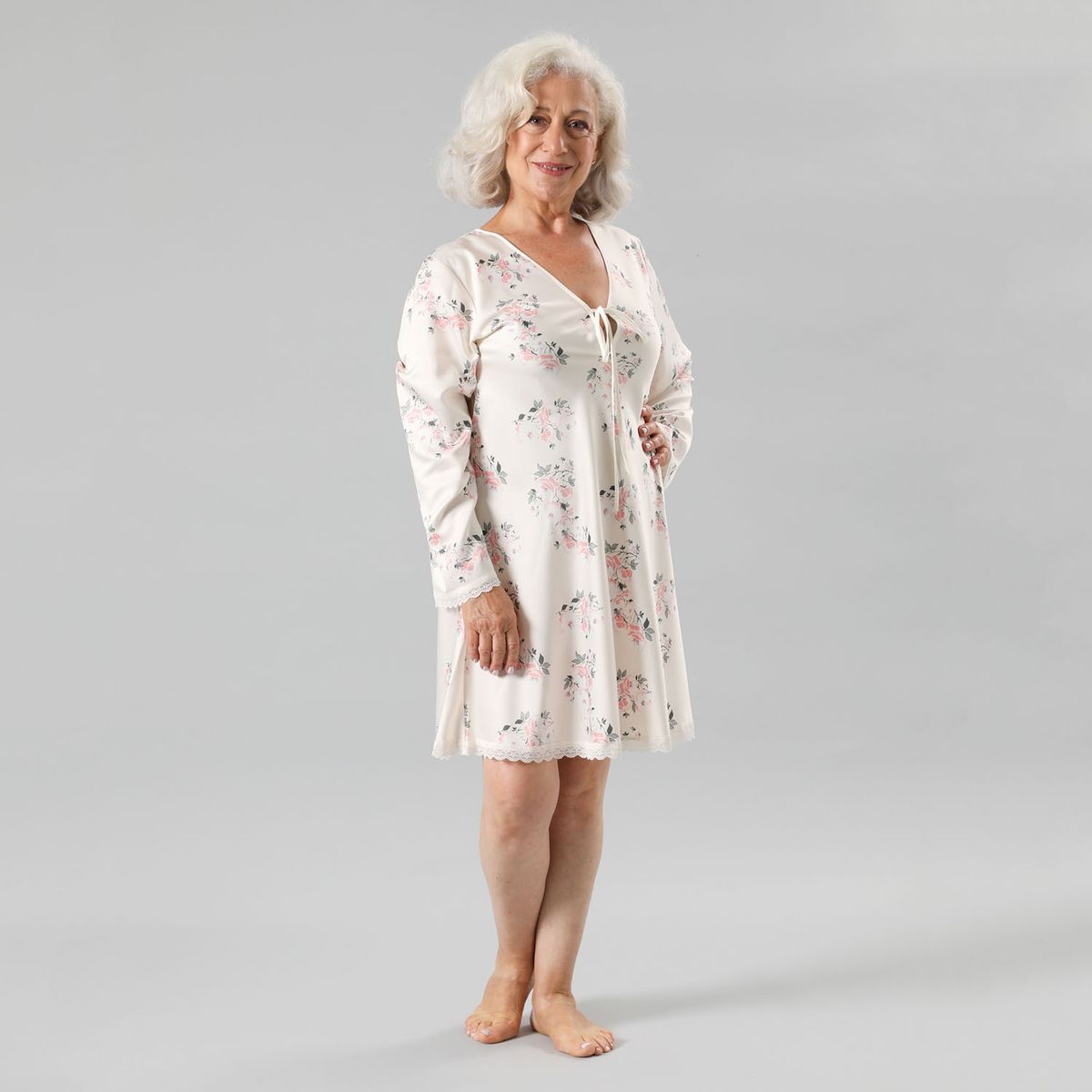 FLORES - Pijama Camisola Amarra Satín Print Manga Larga Mujer Flores