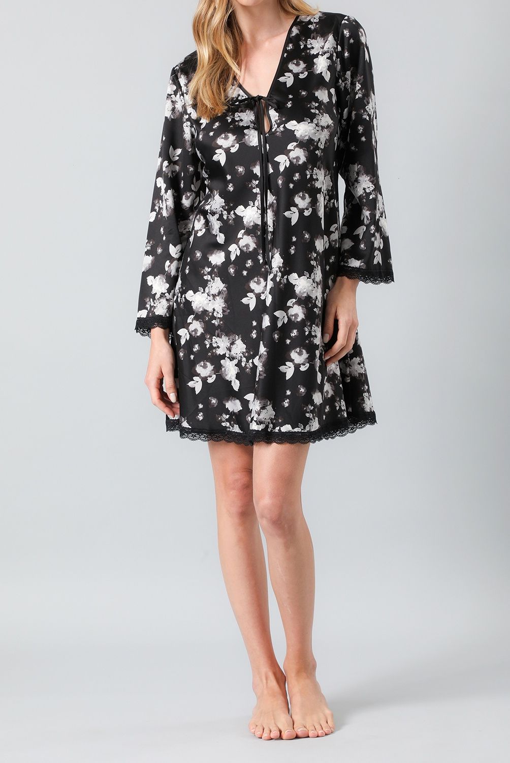 FLORES - Pijama Camisola Amarra Satín Print Manga Larga Mujer Flores