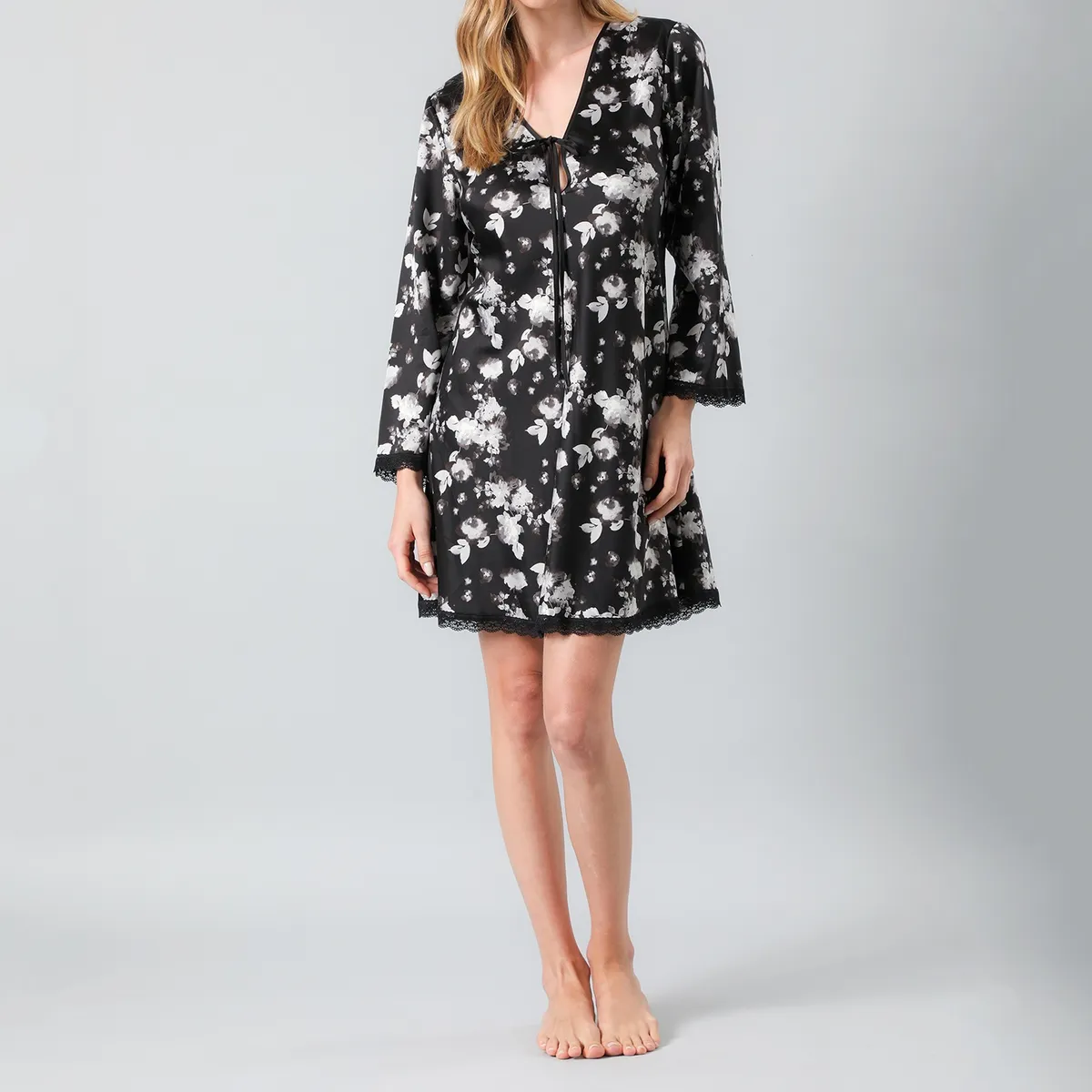 FLORES - Pijama Camisola Amarra Satín Print Manga Larga Mujer Flores