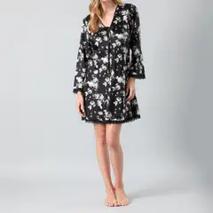 FLORES - Pijama Camisola Amarra Satín Print Manga Larga Mujer