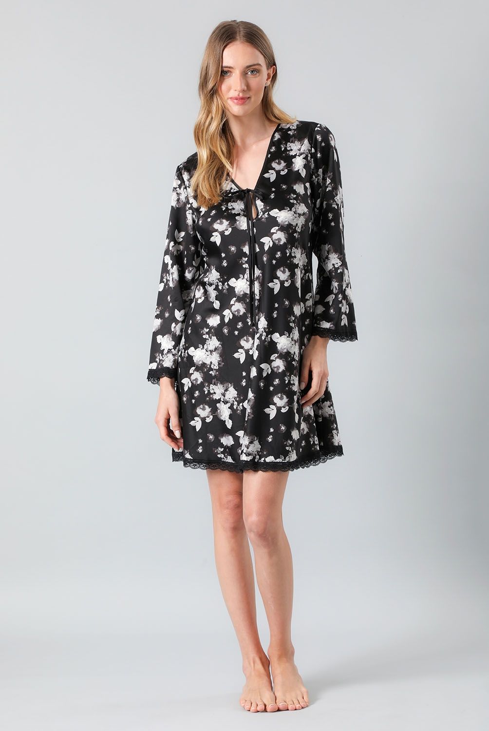 FLORES - Pijama Camisola Amarra Satín Print Manga Larga Mujer Flores