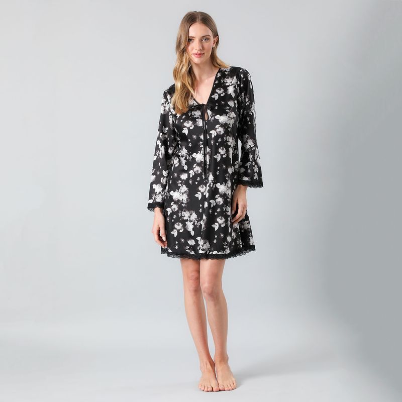 FLORES - Pijama Camisola Amarra Satín Print Manga Larga Mujer Flores