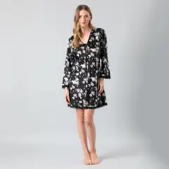 FLORES - Pijama Camisola Amarra Satín Print Manga Larga Mujer
