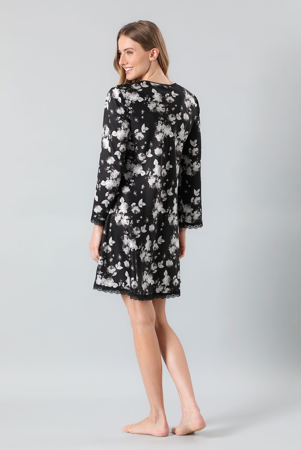 FLORES - Pijama Camisola Amarra Satín Print Manga Larga Mujer Flores