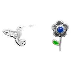 FIGAL ALTA JOYERIA - Aros Colibri Flor Azul Mujer