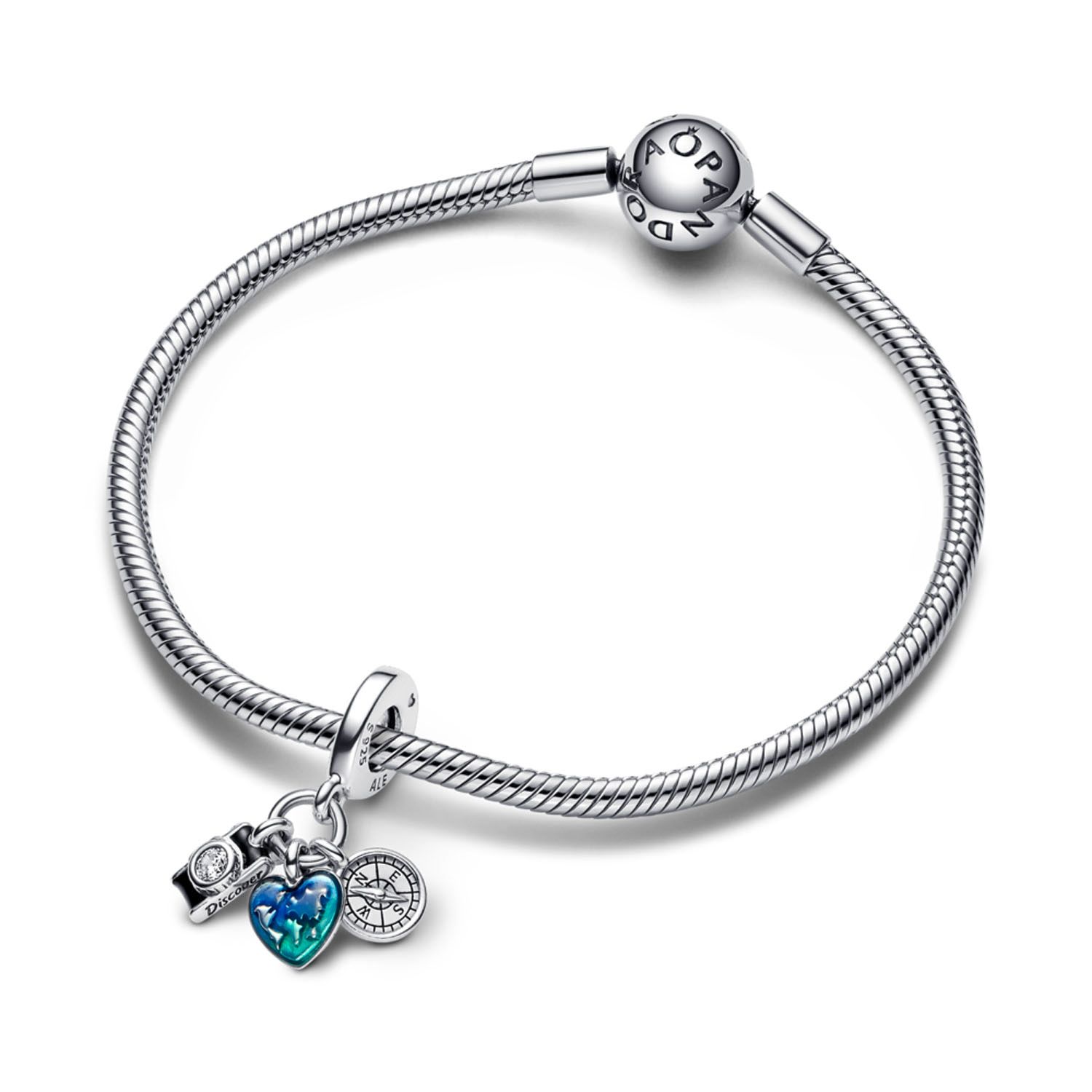 PANDORA Charm Colgante Triple Cámara, Corazón Y Brújula Mujer