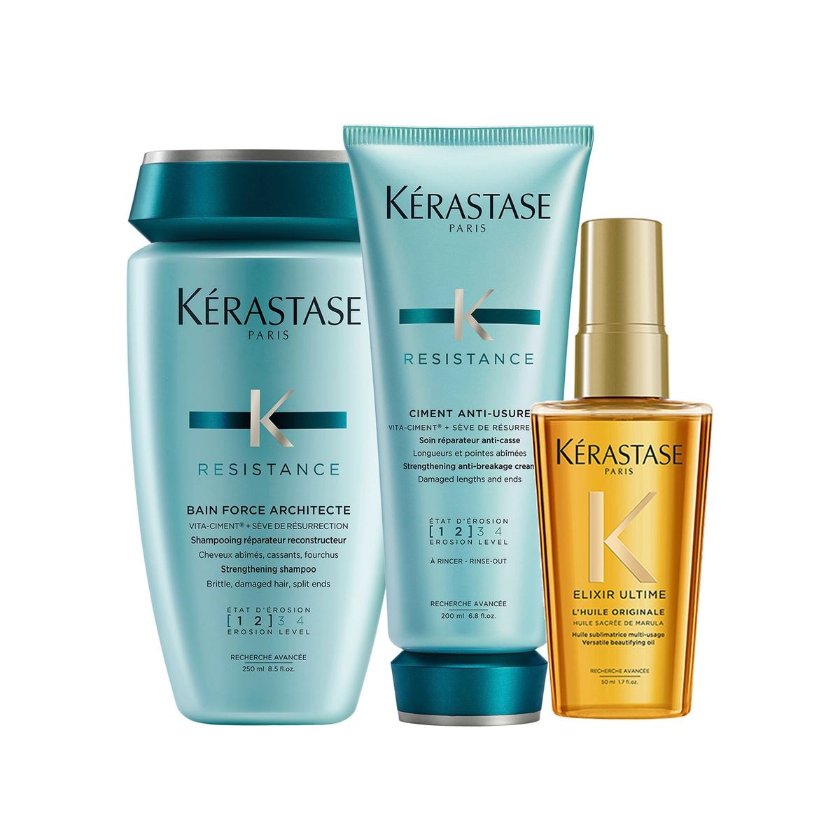 KERASTASE - Set Reparador Cabello Dañado Resistance Shampoo 250ml + Acondicionador 200ml + Aceite Brillo Sublime 50ml Kérastase