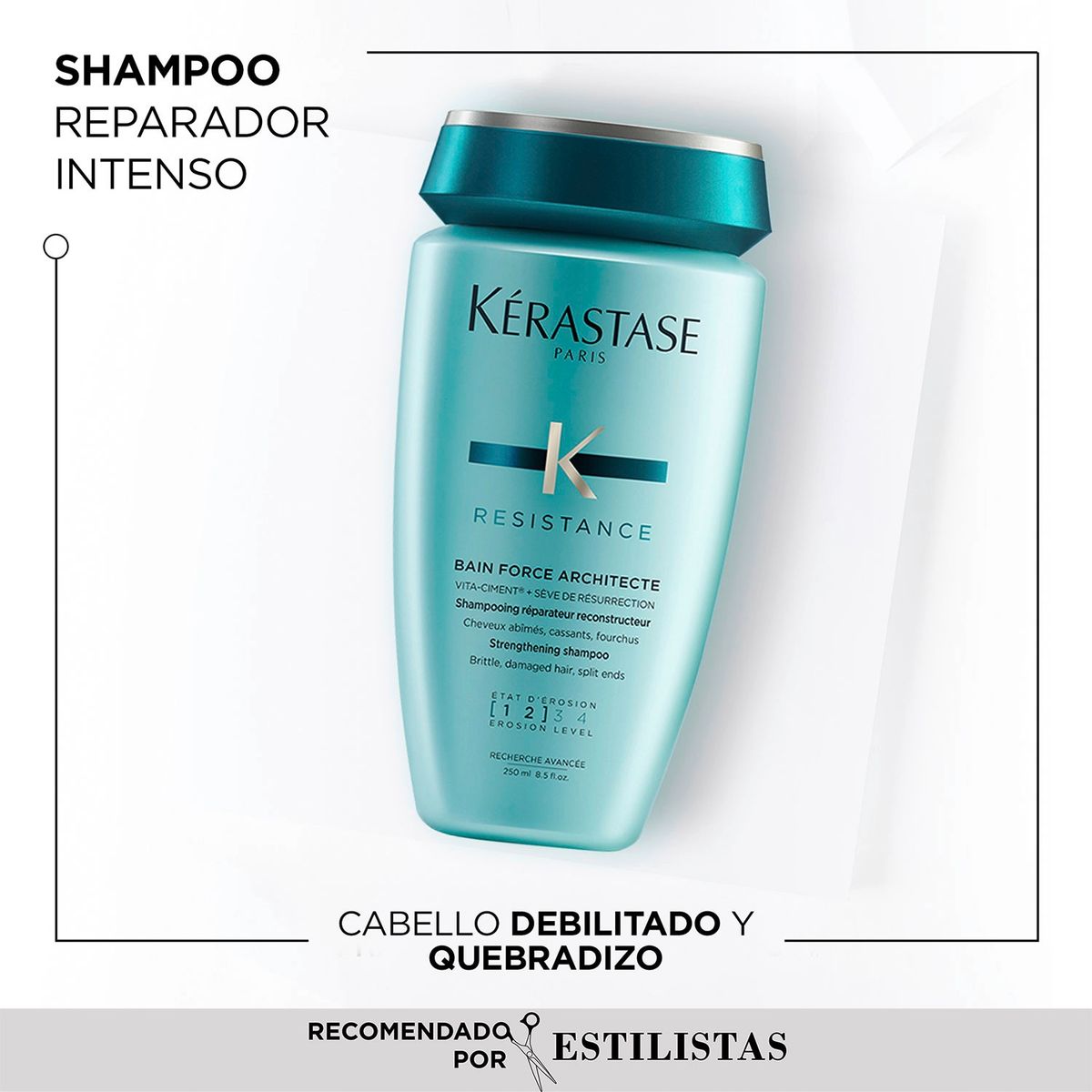 KERASTASE - Set Reparador Cabello Dañado Resistance Shampoo 250ml + Acondicionador 200ml + Aceite Brillo Sublime 50ml Kérastase