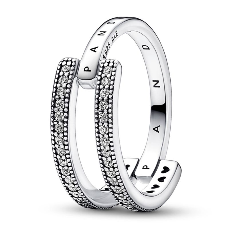 PANDORA - Anillo Doble Banda Logo Y Pavé Pandora Signature Mujer Pandora