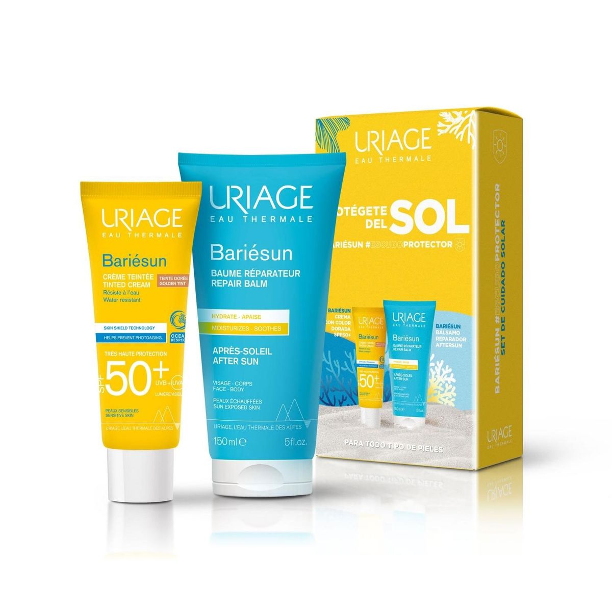 URIAGE - Set Protector Solar Bariésun Crema con color dorado SPF 50+ 50 ml + Aftersun 150 ml Uriage