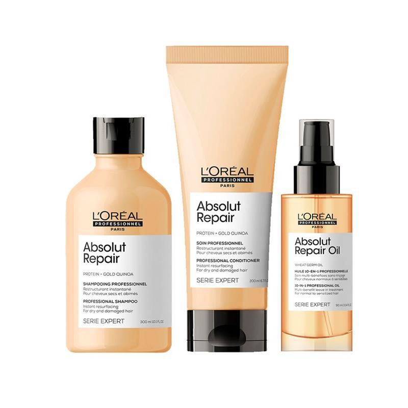 LOREAL PROFESSIONNEL - Set Tratamiento Capilar Reparación Profunda Absolut Repair  Shampoo 300Ml + Acondicionador 200Ml Serie Expert + Aceite 90Ml Loreal Professionnel