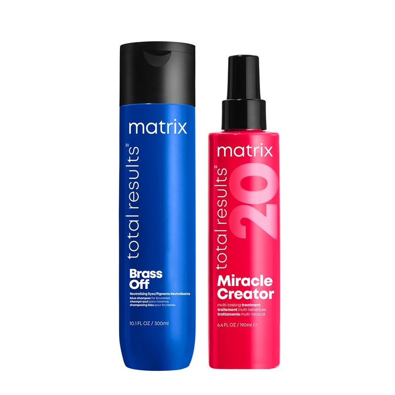 MATRIX - Set Shampoo Matizador Azul Cabello Castaño 300 ml Brass Off + Spray 190 ml Miracle Creator Matrix