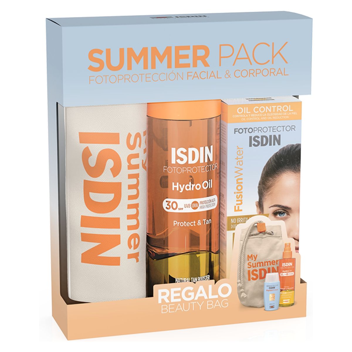 ISDIN - Set Bloqueador Solar Fusion Water SPF 50 + HydroOil SPF 30 + Beauty Bag ISDIN