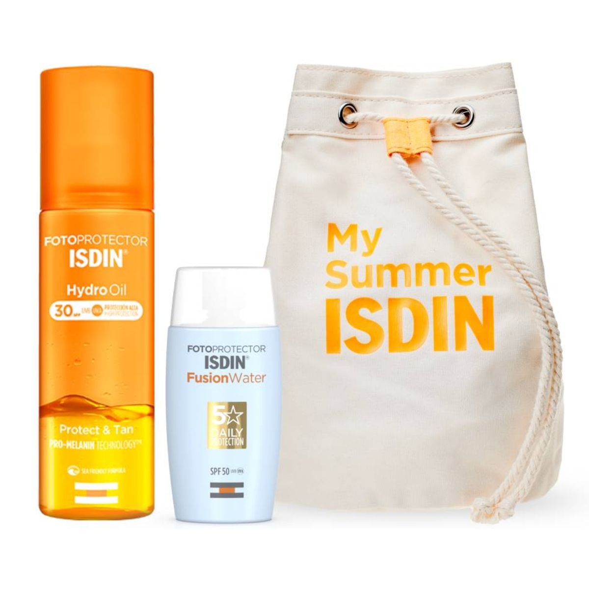 ISDIN - Set Bloqueador Solar Fusion Water SPF 50 + HydroOil SPF 30 + Beauty Bag ISDIN