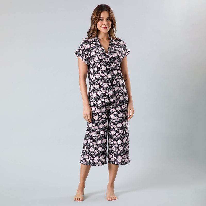 FLORES - Set Pijama Top Camisero + Capri Palazzo Mujer Flores