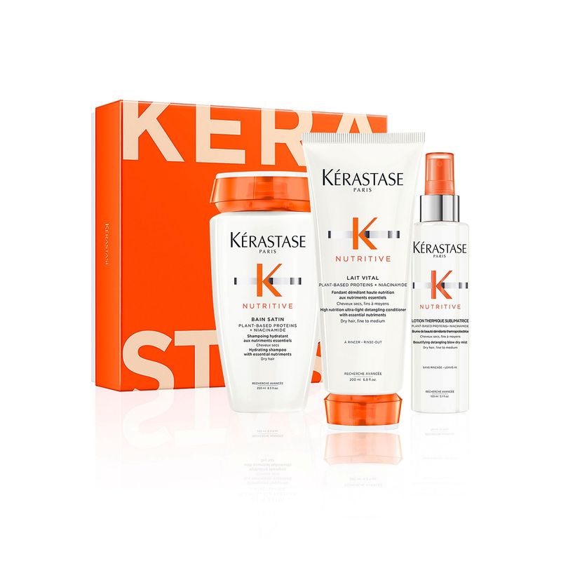 KERASTASE - Set Cabello Seco Nutritive Shampoo 250ml + Acondicionador 200ml + Spray termo protector 150ml Kerastase