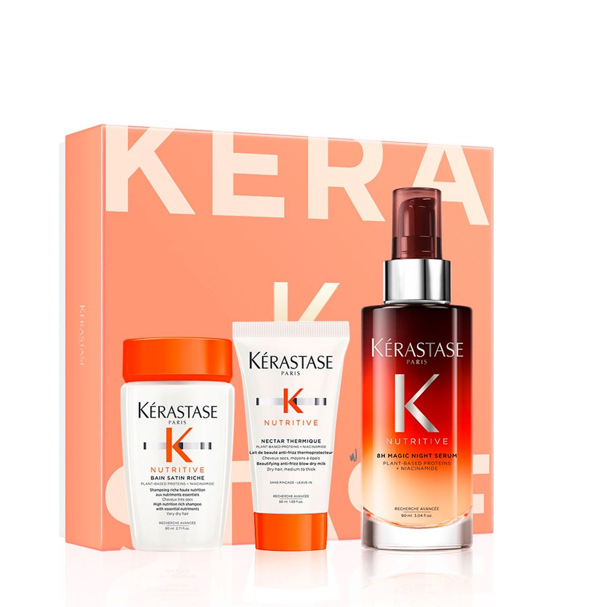 KERASTASE - Set Cabello Seco Nutritive Sérum 90ml + Shampoo 80ml + Crema termoprotectora 50ml Kerastase