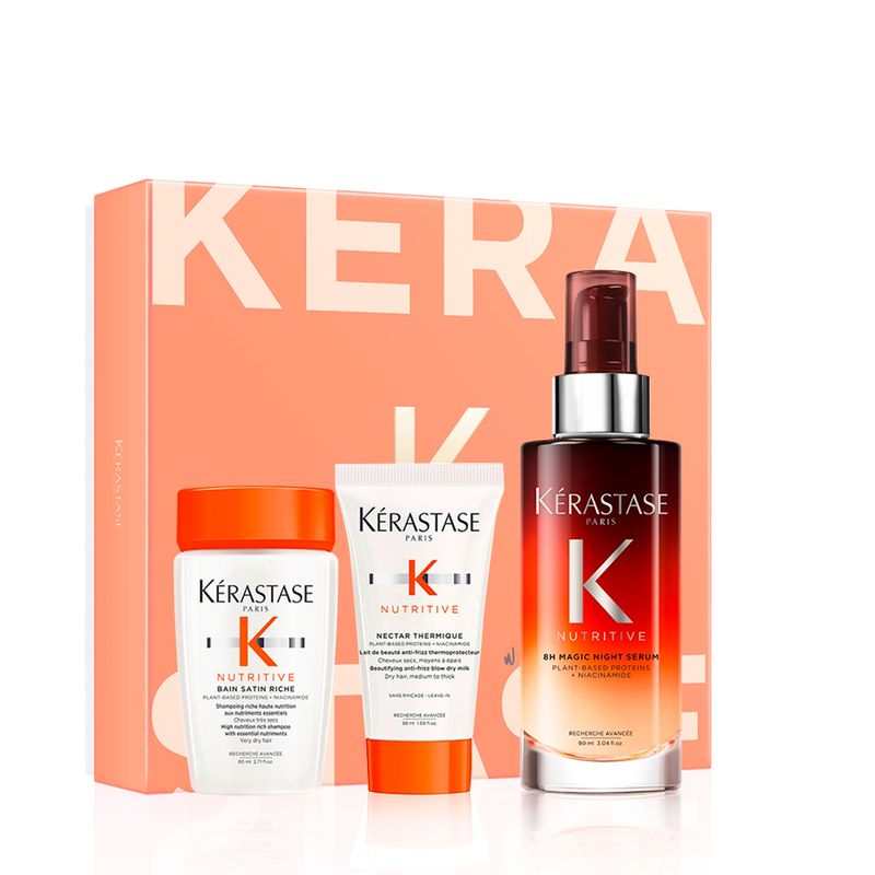 KERASTASE - Set Cabello Seco Nutritive Sérum 90ml + Shampoo 80ml + Crema termoprotectora 50ml Kerastase
