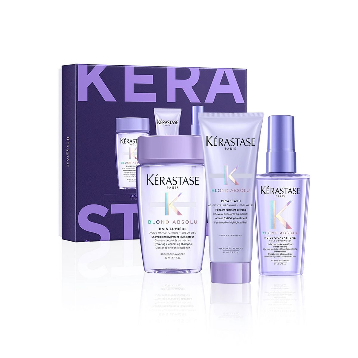 KERASTASE - Set Reparación Cabello Rubio o Decolorado Blond Absolu Shampoo 80ml + Acondicionador 75ml + Aceite Huile Cicaextreme 50ml Kerastase