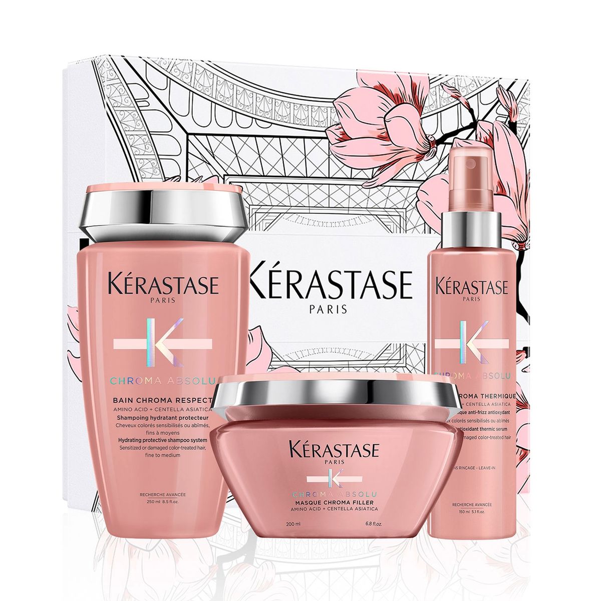 KERASTASE - Set Reparación Cabello Con Color Chroma Absolu Shampoo 80ml + Máscara 250ml + Termoprotector 150 ml Kerastase