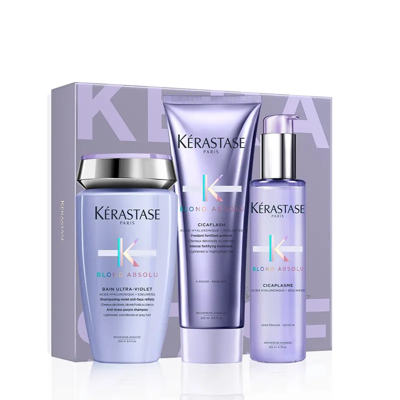 KERASTASE - Set Reparación Cabello Rubio o Decolorado Blond Absolu Shampoo 250ml + Acondicionador 250ml + Protector térmico 150ml Kérastase