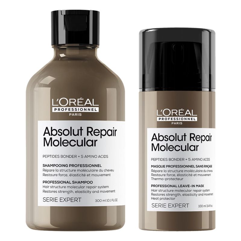 LOREAL PROFESSIONNEL - Set Profesional Reparacion Molecular Profunda Cabello Dañado Absolut Repair Molecular Shampoo 300 Ml + Máscara Sin Enjuague 100 Ml Loreal Professionnel