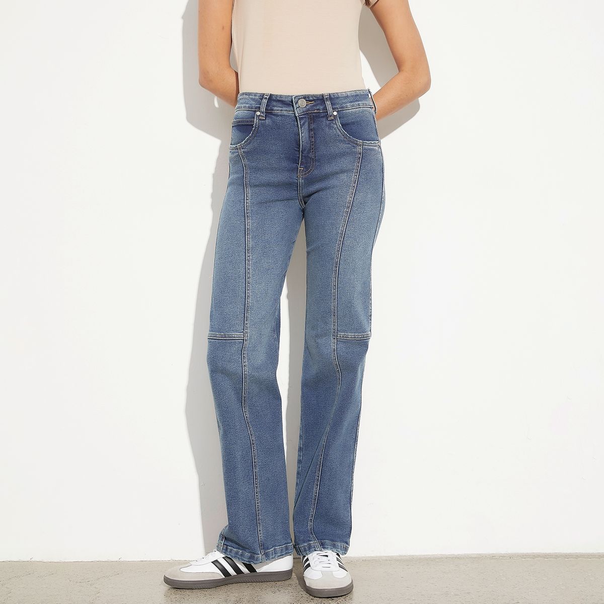 BASEMENT - Jeans Straight Tiro Alto Algodón Mujer Basement