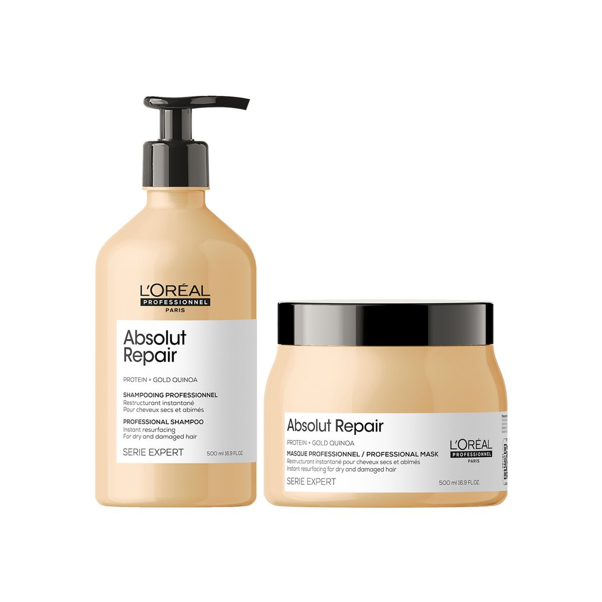 LOREAL PROFESSIONNEL - Set Absolut Repair Reparación y Nutrición Cabello Dañado y Seco Shampoo 500ml + Máscara 500ml Loreal Professionel