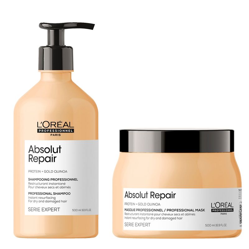 LOREAL PROFESSIONNEL - Set Absolut Repair Reparación y Nutrición Cabello Dañado y Seco Shampoo 500ml + Máscara 500ml Loreal Professionel