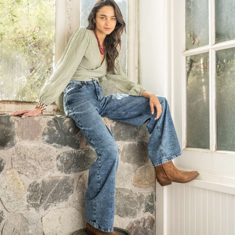Jeans Wide Leg Tiro Alto Josefa Azul Mujer