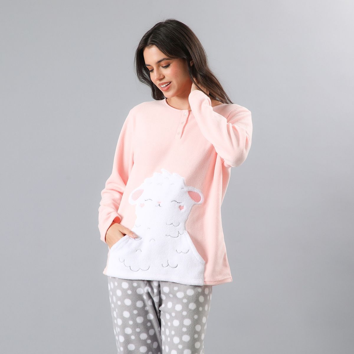 FLORES - Pijama Manga Larga Micropolar Cuello Abotonado Mujer Flores