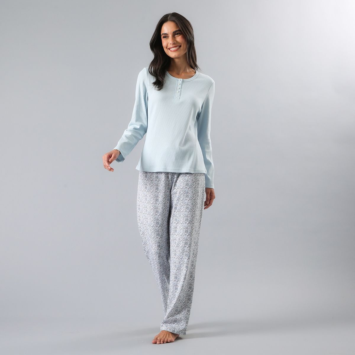 FLORES - Pijama Polera Manga Larga Rib Con Pata Mujer Flores