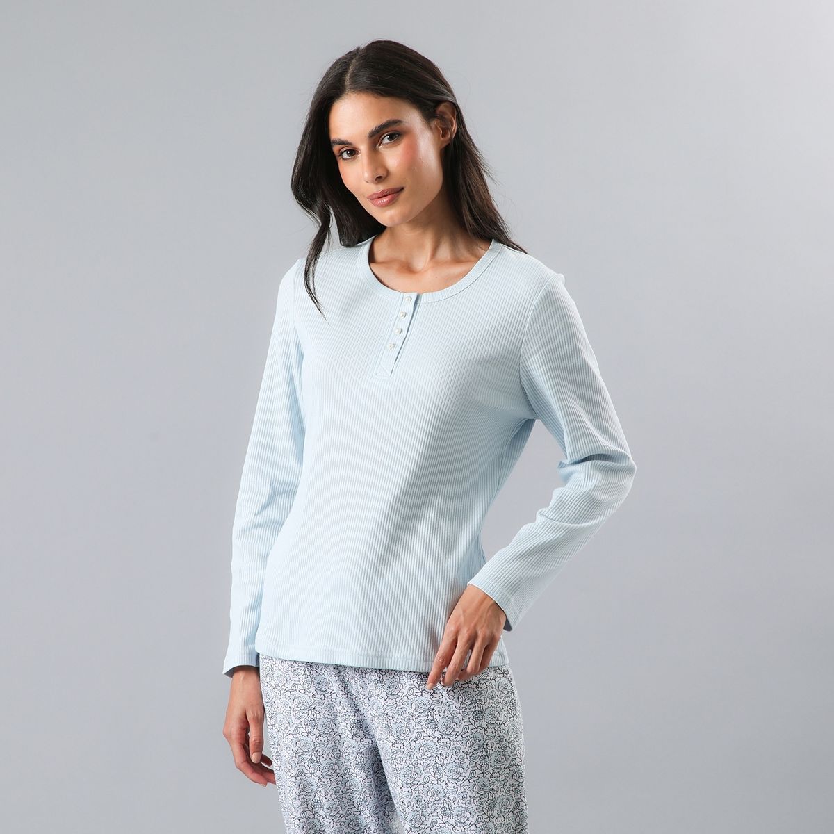 FLORES - Pijama Polera Manga Larga Rib Con Pata Mujer Flores