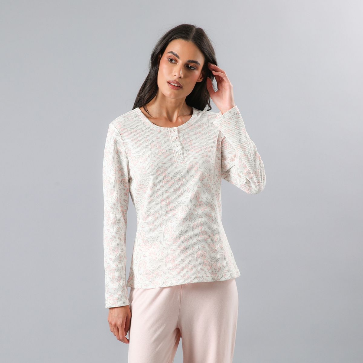 FLORES - Pijama Polera Manga Larga Rib Con Pata Mujer Flores